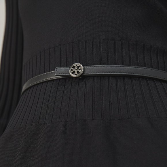 Tory Burch Skinny Embellished Logo Belt Black Rhinestones Crystals Leather - Picture 2 of 13